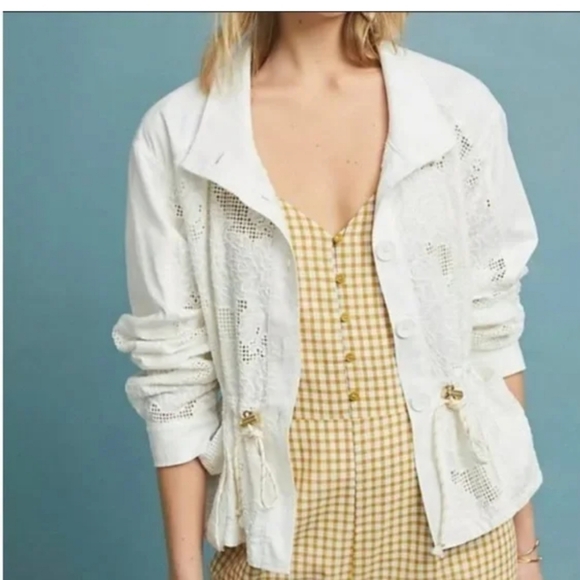 Anthropologie Jackets & Blazers - Anthropologie Jacket Womens Small White Cotton Anorak Floral Eyelet Drawstring